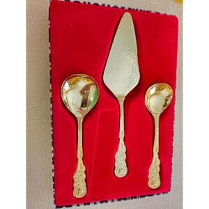 New In Box Vergoldet 24K Karat Gold Plated Cake Server Spoon Serving Set Vintage